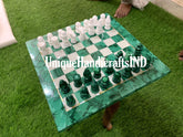 Christmas Gift Chess Set in Green Malachite Stone , Stone inlay Art / Marble Handmade Malachite Chess Table Top For Fathers Day Gift Unique Handicrafts IND