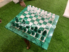 Christmas Gift Chess Set in Green Malachite Stone , Stone inlay Art / Marble Handmade Malachite Chess Table Top For Fathers Day Gift Unique Handicrafts IND