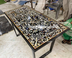Black Marble Inlay Dining Table Top Handmade Semi Precious Stone Inlay Work PIETRA DURA Art Decor Unique Handicrafts IND
