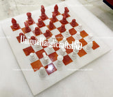 Handmade Marble Chess Board with Carnelian Mosaic - Unique Christmas Gift | Stone Art Board Game | Gift for Him or Her Unique Handicrafts IND