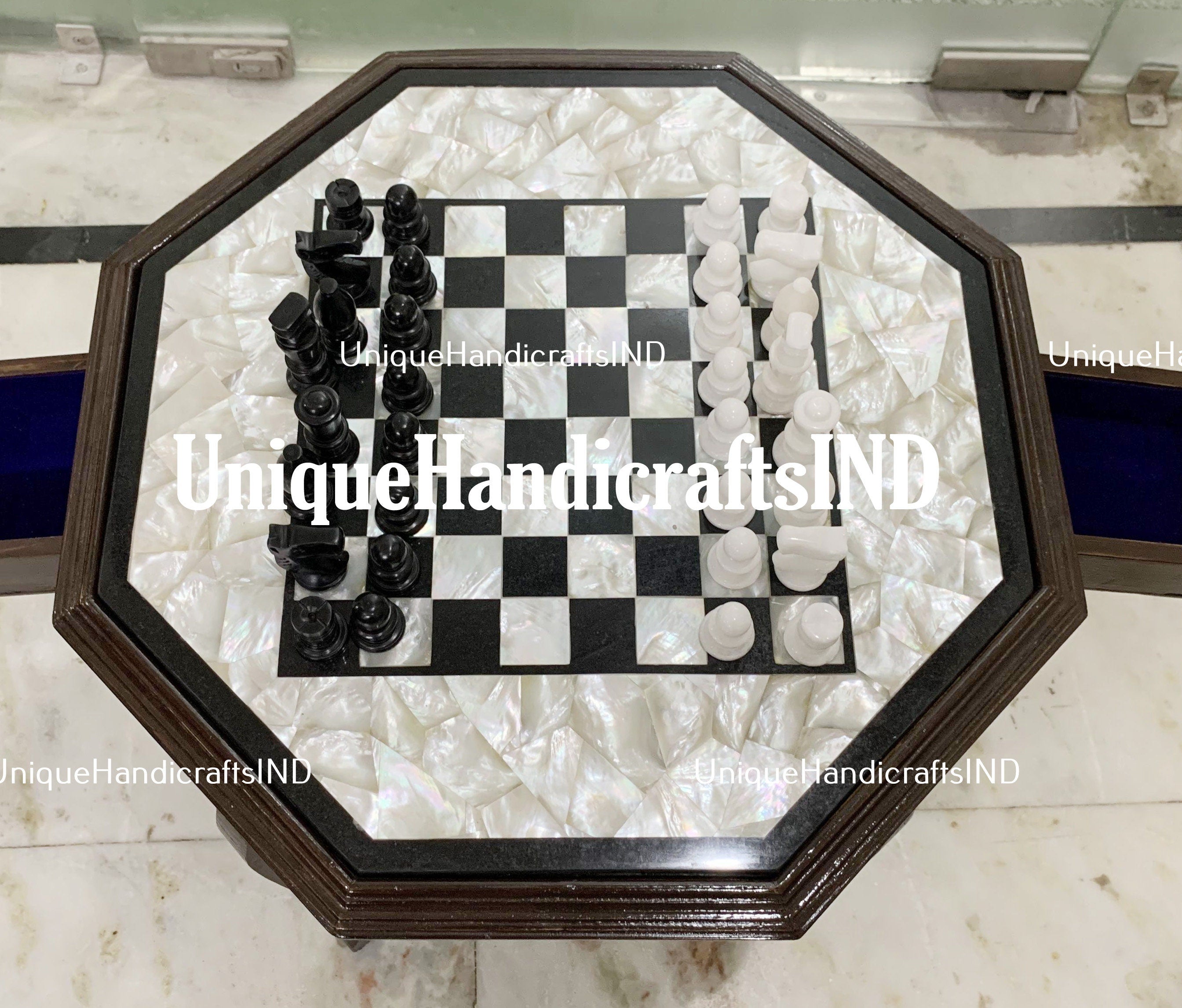 Christmas Gifts Marble Chess Set game table with pieces / Mother of pearls Chess Game Table Top / Best Gifts for Son Birthday / Inlay Art Unique Handicrafts IND