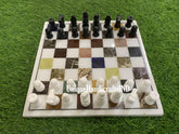 Marble Chess Board Set With Chess Pieces Multi Stone Mosaic Arts Best Fathers Day Gift Multi Color Stones marble chess set Unique Handicrafts IND