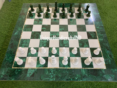 Christmas Gifts ,Luxury Malachite Chess Board Game with Chess Pieces /Marble & Malachite Stone overlay work chess set best Gift For Him Unique Handicrafts IND