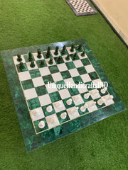 Christmas Gifts ,Luxury Malachite Chess Board Game with Chess Pieces /Marble & Malachite Stone overlay work chess set best Gift For Him Unique Handicrafts IND