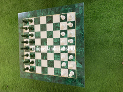 Christmas Gifts ,Luxury Malachite Chess Board Game with Chess Pieces /Marble & Malachite Stone overlay work chess set best Gift For Him Unique Handicrafts IND