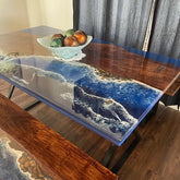 Epoxy Resin Dinner Table, Natural Acacia Wood Table,Ocean Waves Resin Table with Iron Stand, Made To Order, Console Sofa, River Coffee Table Unique Handicrafts IND