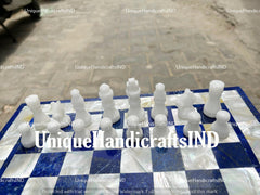 Christmas Gifts Handmade Marble Chess Set With Board Inlay With Mother of Pearl & Lapis lazuli Inlay Minimalist Design Birthday Gift Her Unique Handicrafts IND