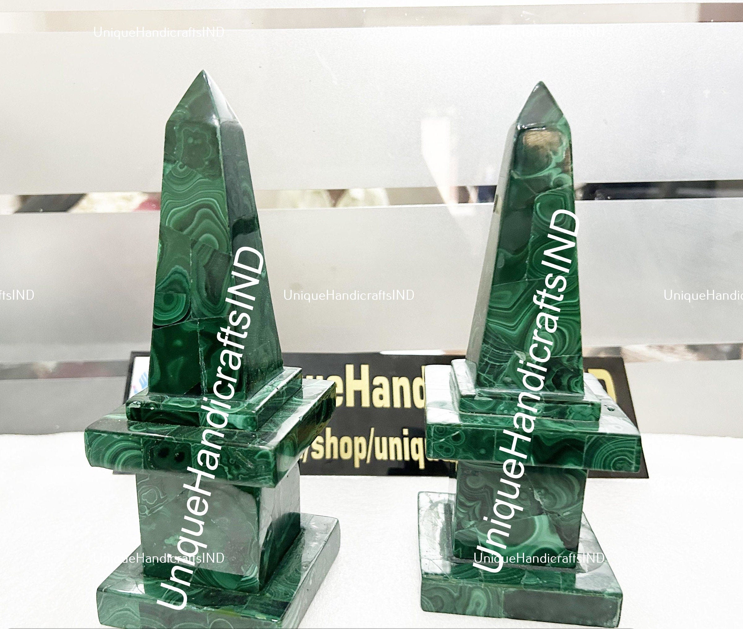 Home Decor Green Malachite Obelisk Set, Beautiful Malachite Crystal Tower, Healing Crystal Gift For Her, Gift For Loves One Unique Handicrafts IND