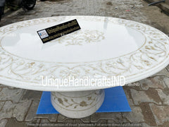 Oval Marble Coffee Table Top with Mother of Pearl Stone Inlay Pietradura Floral Arts Home Decor Handmade Furniture Unique Handicrafts IND