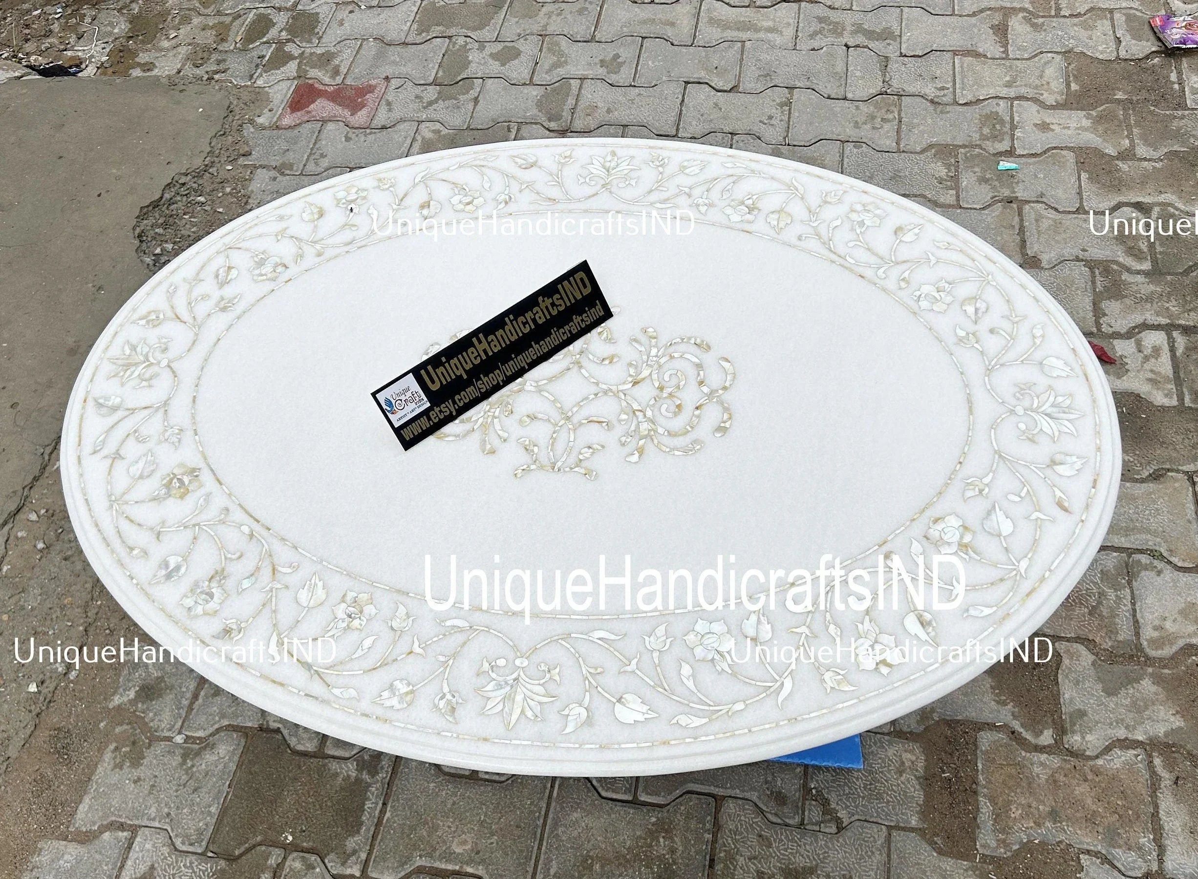 Oval Marble Coffee Table Top with Mother of Pearl Stone Inlay Pietradura Floral Arts Home Decor Handmade Furniture Unique Handicrafts IND