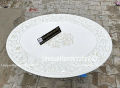 Oval Marble Coffee Table Top with Mother of Pearl Stone Inlay Pietradura Floral Arts Home Decor Handmade Furniture Unique Handicrafts IND