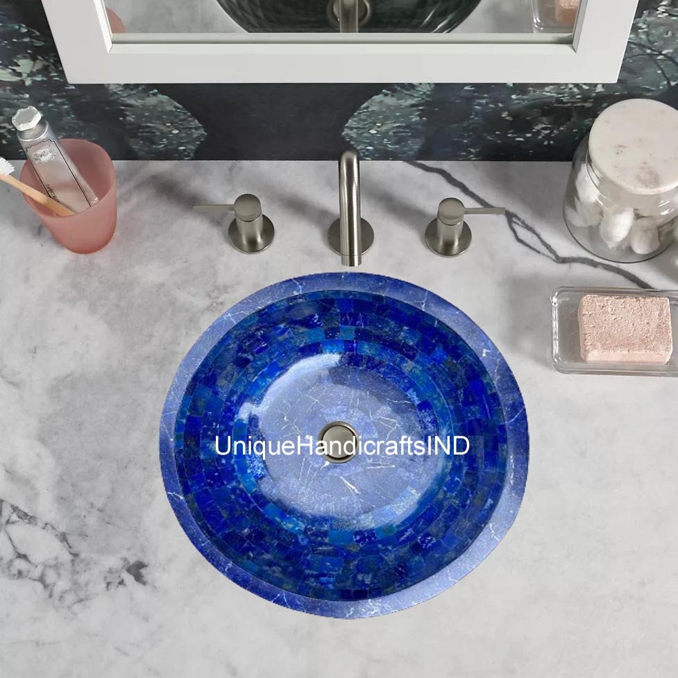 Powder Room Blue Lapis Sink, Bathroom Vassal, Kitchen Sink, Bathroom Countertops Sink, Travertine Marble Sink For Kitchen & Bathroom Decor Unique Handicrafts IND