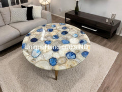 Elegant Stone Coffee Table In Quartz & Blue Agate Stone Customized Handmade Furniture Unique Handicrafts IND