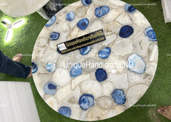 Elegant Stone Coffee Table In Quartz & Blue Agate Stone Customized Handmade Furniture Unique Handicrafts IND