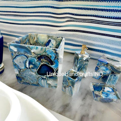 Luxury Bathroom Accessories Set, 5 Piece Blue agate Stone Bathroom Set, Vanity Set, Bathroom Decor, Handmade Set for Kitchen & Bathroom Unique Handicrafts IND