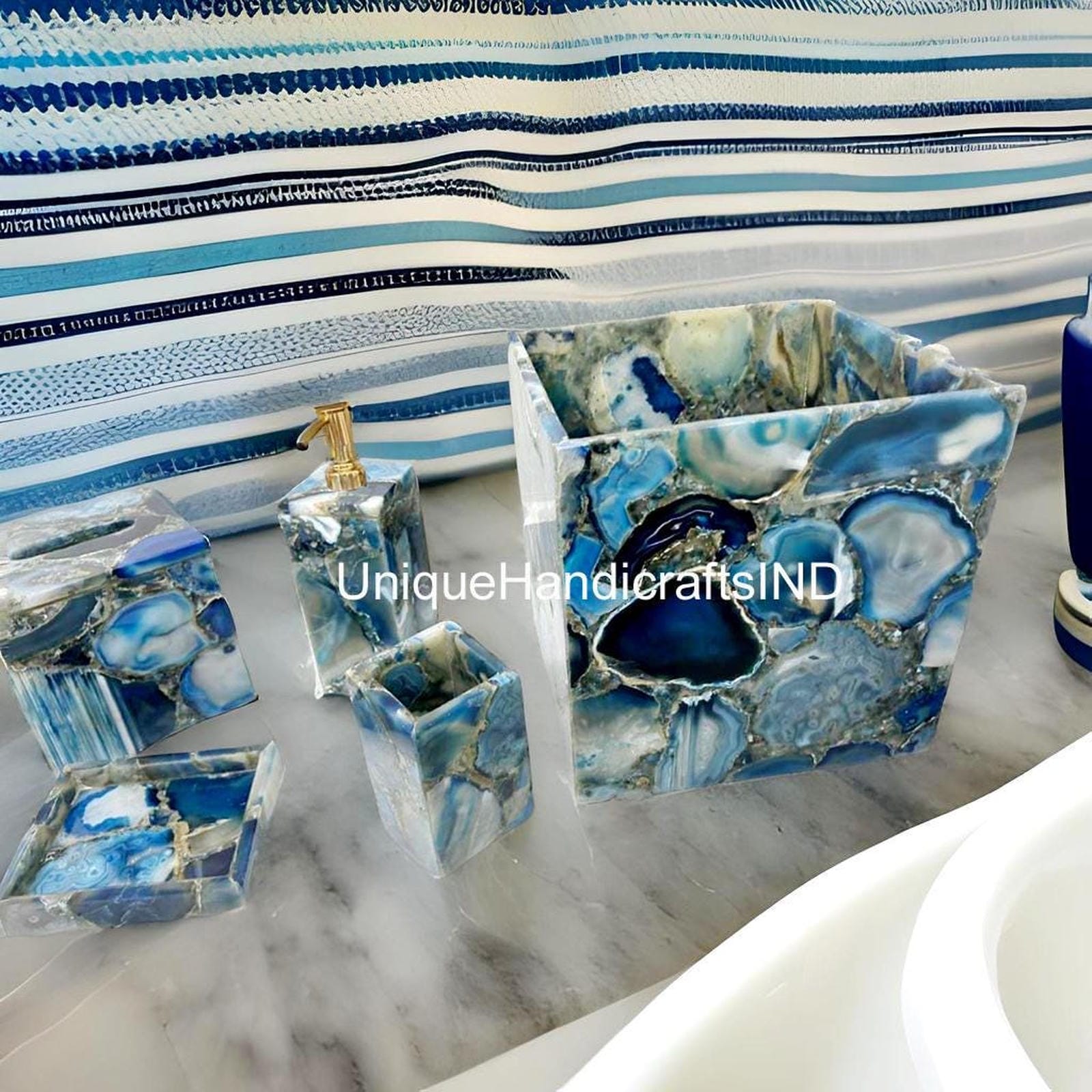 Luxury Bathroom Accessories Set, 5 Piece Blue agate Stone Bathroom Set, Vanity Set, Bathroom Decor, Handmade Set for Kitchen & Bathroom Unique Handicrafts IND