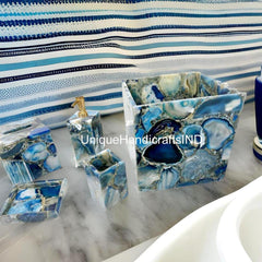 Luxury Bathroom Accessories Set, 5 Piece Blue agate Stone Bathroom Set, Vanity Set, Bathroom Decor, Handmade Set for Kitchen & Bathroom Unique Handicrafts IND