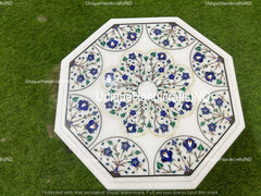 Coffee Table Top, White Marble table top with Lapis Lazuli Inlaid Floral Pietra dura Art Home Decor Interior Unique Handicrafts IND