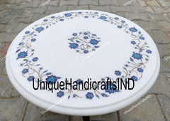 Unique White Marble Table Top / Lapis Lazuli Pietra Dura Inlay Floral Stones Arts Round Coffee Table Unique Living Room Decor Piece Unique Handicrafts IND
