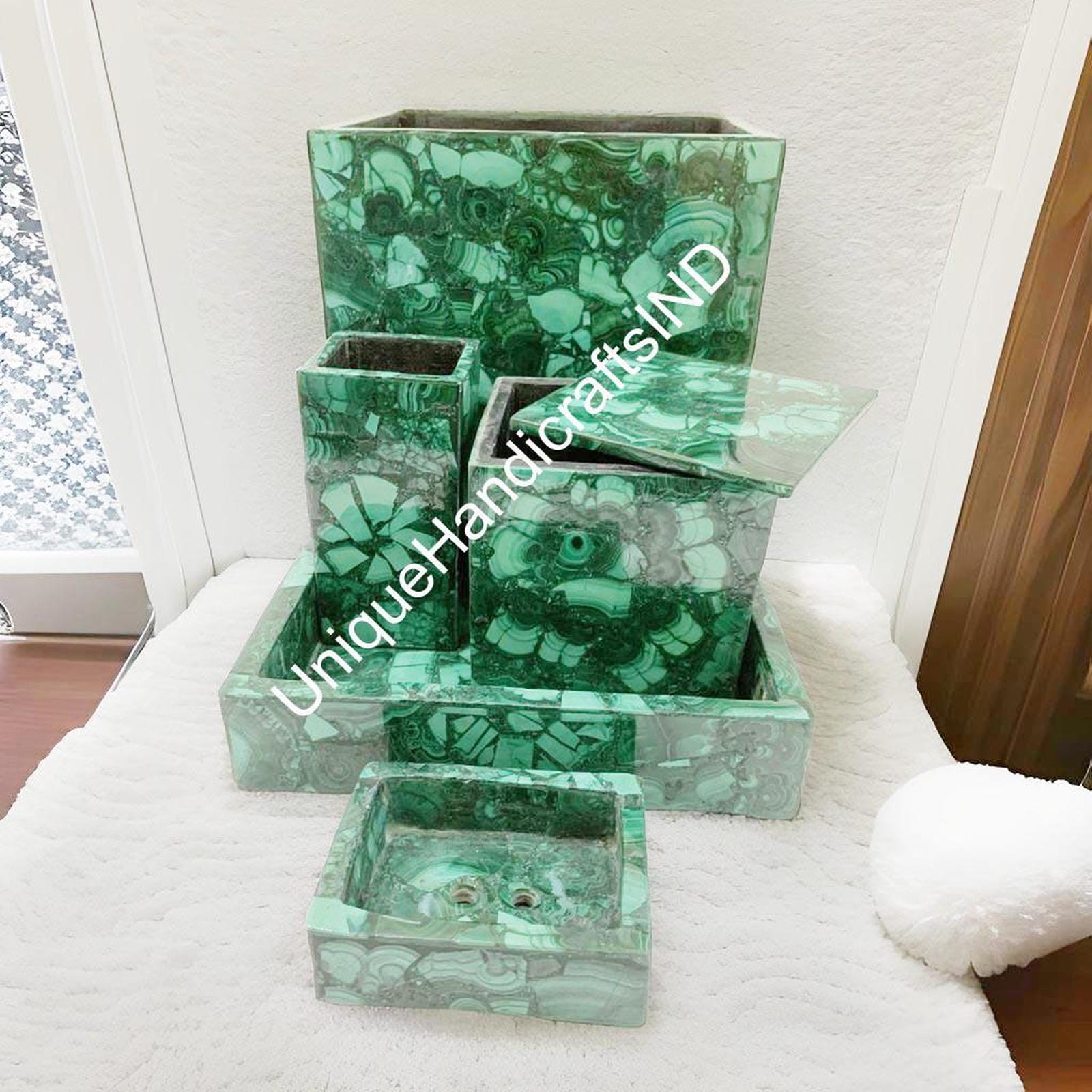 Bathroom Sets in Malachite Stone / Malachite Bathroom Set 5 Pcs/ Handcrafted Gem Stone Bathroom Accessories For Bathroom Vanity Top Decor Unique Handicrafts IND