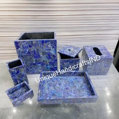 Bathroom Set Lapis Lazuli Marble Bathroom Accessories Set of 7 pcs / Soap Dispenser / Trash Bin / Soap Dish / Vanity Tray / Tissue Box Unique Handicrafts IND