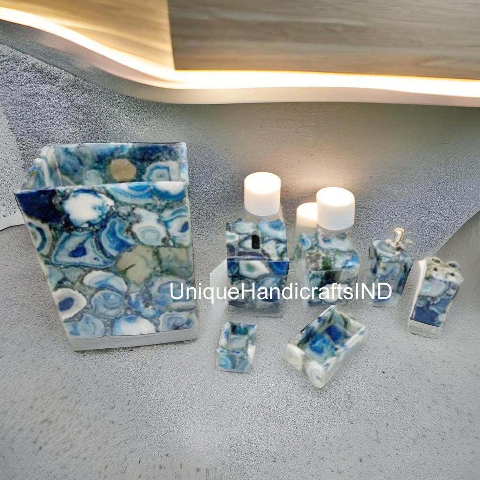 Bathroom Set With 7 Pcs / Bathroom Accessories / Bathroom Decor / Luxury Bathroom Set Gemstone Mosaic Arts for Luxury Bathroom Decor Unique Handicrafts IND