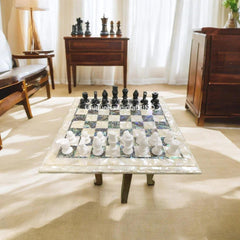 Christmas Gifts White Marble Chess Set - Handmade Indoor Game with Pauashell Inlaid - Unique Gift for Dad & Top Table Decoration Unique Handicrafts IND