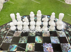 Christmas Gifts Buy Marble Chess Set With Chess pieces , Elegant Handmade Black Marble Chess Table Top Pauashell Inlay Stone Arts Gifts Unique Handicrafts IND