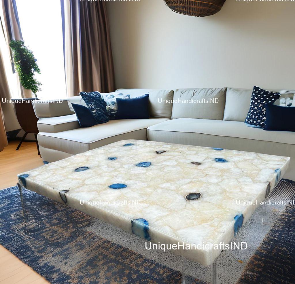 White Quartz Gemstone Dining Table Modern Furniture Quartz Kitchen & Office Meeting Table Handmade Crystal Countertop Slab Hallway Decors Unique Handicrafts IND