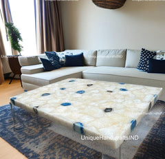 White Quartz Gemstone Dining Table Modern Furniture Quartz Kitchen & Office Meeting Table Handmade Crystal Countertop Slab Hallway Decors Unique Handicrafts IND