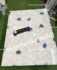 White Quartz Gemstone Dining Table Modern Furniture Quartz Kitchen & Office Meeting Table Handmade Crystal Countertop Slab Hallway Decors Unique Handicrafts IND