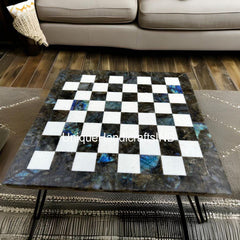 Christmas Gifts Labradorite & Marble Chess Board, Collectible Blue And White Marble Gemstone Chess Board Table Handmade Collectible And Gift Unique Handicrafts IND