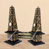 Collectible Black Marble Obelisks Set Of 2 Pair / Handmade Semi Precious Inlay Design / Handmade Marble Obelisk / Showpiece Gift For Her Unique Handicrafts IND