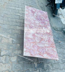 Rose Quartz Stone Coffee Table Top, Agate Center Dining Table, Stone Table Slab Décor For New Home Furniture Gift Her Unique Handicrafts IND