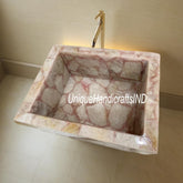 Pink Rose Quartz Stone Sink Wash Basin, Kitchen Vessel, Natural Agate Wash Basin, Random Stone Sink Basin, Handmade Bathroom Interior Decors Unique Handicrafts IND