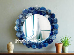 Blue Agate Wall Mirror | Bathroom Mirror | Washbasin Wall Mirror | Blue Wall Mirror | Luxury Mirror Unique Handicrafts IND