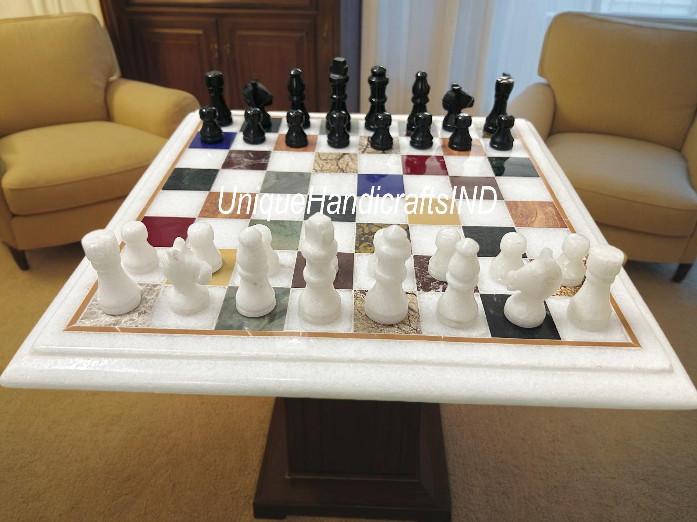 Christmas Gifts Buy Unique White Marble Chess Board Set 12"x12" with Marble Chess pieces Multi Stone Inlay Arts Unique Handicrafts IND