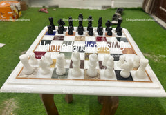 Christmas Gifts Buy Unique White Marble Chess Board Set 12"x12" with Marble Chess pieces Multi Stone Inlay Arts Unique Handicrafts IND