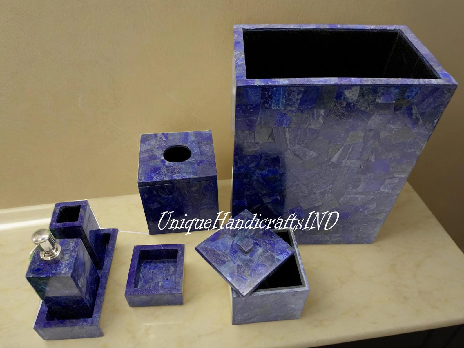 Bathroom Accessories Set, 7 Piece Lapis Lazuli Bathroom Set, Tooth Brush Holder, Soap Dispenser, Tissue Box, Bathroom Decor Unique Handicrafts IND
