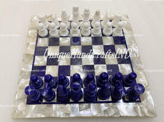 Christmas Gifts Handmade Chess Board/ Checkers Size, Chess pieces, hand carved Game board, Inlaid with Mother Of Pearls & Lapis Lazuli art Unique Handicrafts IND
