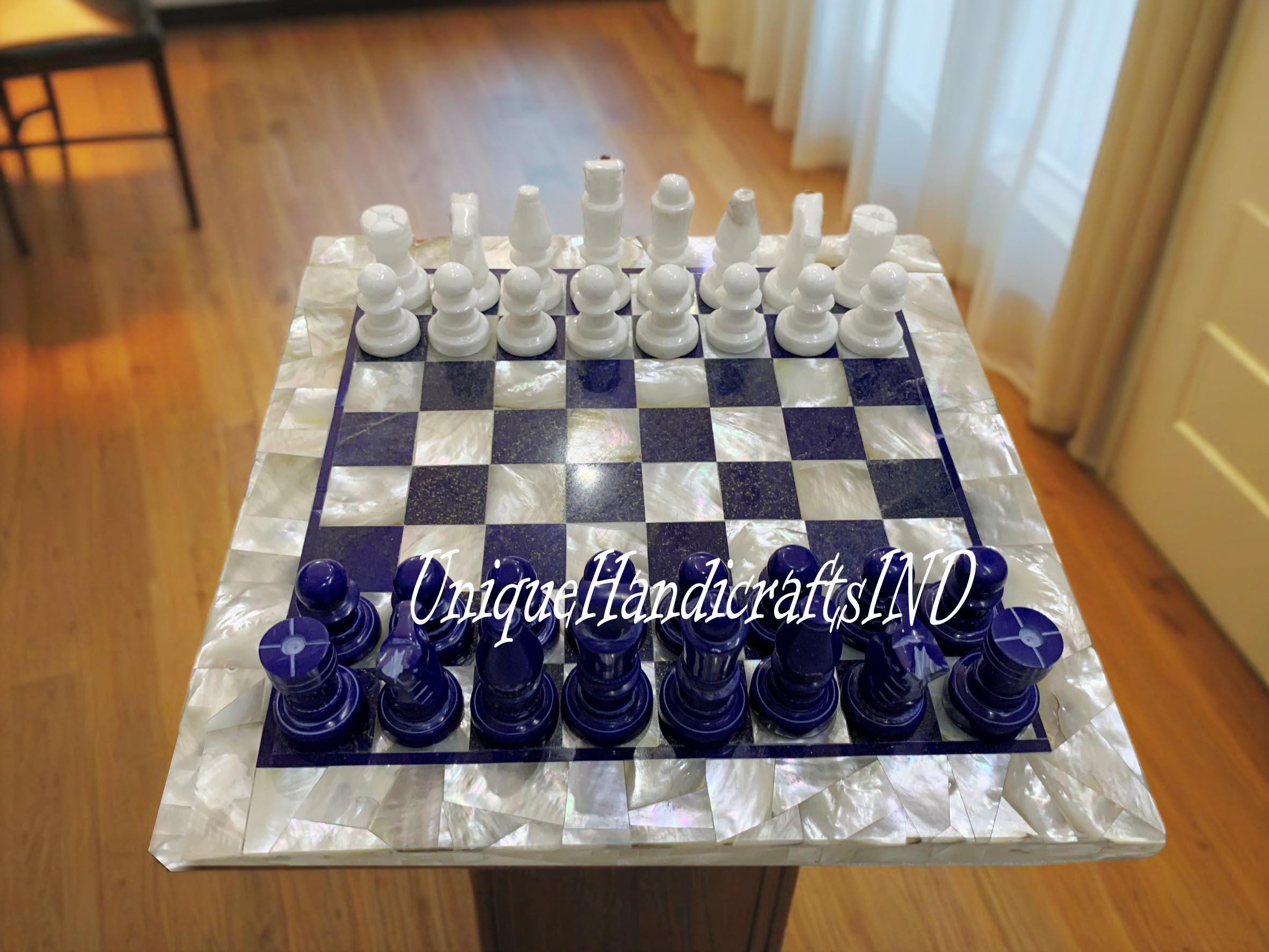 Christmas Gifts Handmade Chess Board/ Checkers Size, Chess pieces, hand carved Game board, Inlaid with Mother Of Pearls & Lapis Lazuli art Unique Handicrafts IND