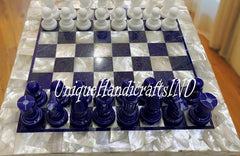 Christmas Gifts Handmade Chess Board/ Checkers Size, Chess pieces, hand carved Game board, Inlaid with Mother Of Pearls & Lapis Lazuli art Unique Handicrafts IND