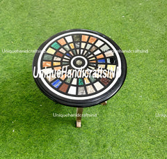 Black Marble Coffee Table Top Handmade Semi Precious Stone Mosaic Inlay Art Home Decor Collectible Furniture Gift For Her Unique Handicrafts IND