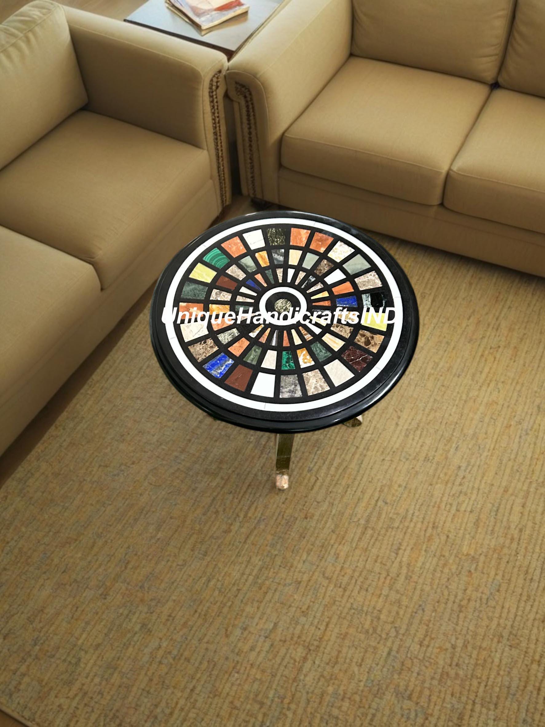 Black Marble Coffee Table Top Handmade Semi Precious Stone Mosaic Inlay Art Home Decor Collectible Furniture Gift For Her Unique Handicrafts IND