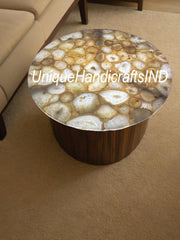 Custom Natural Round Stone Table Tops, White Round Coffee Table Top, Quartz Desk Table Home Decor, Marble Coffee Serving Board Tray Table Unique Handicrafts IND