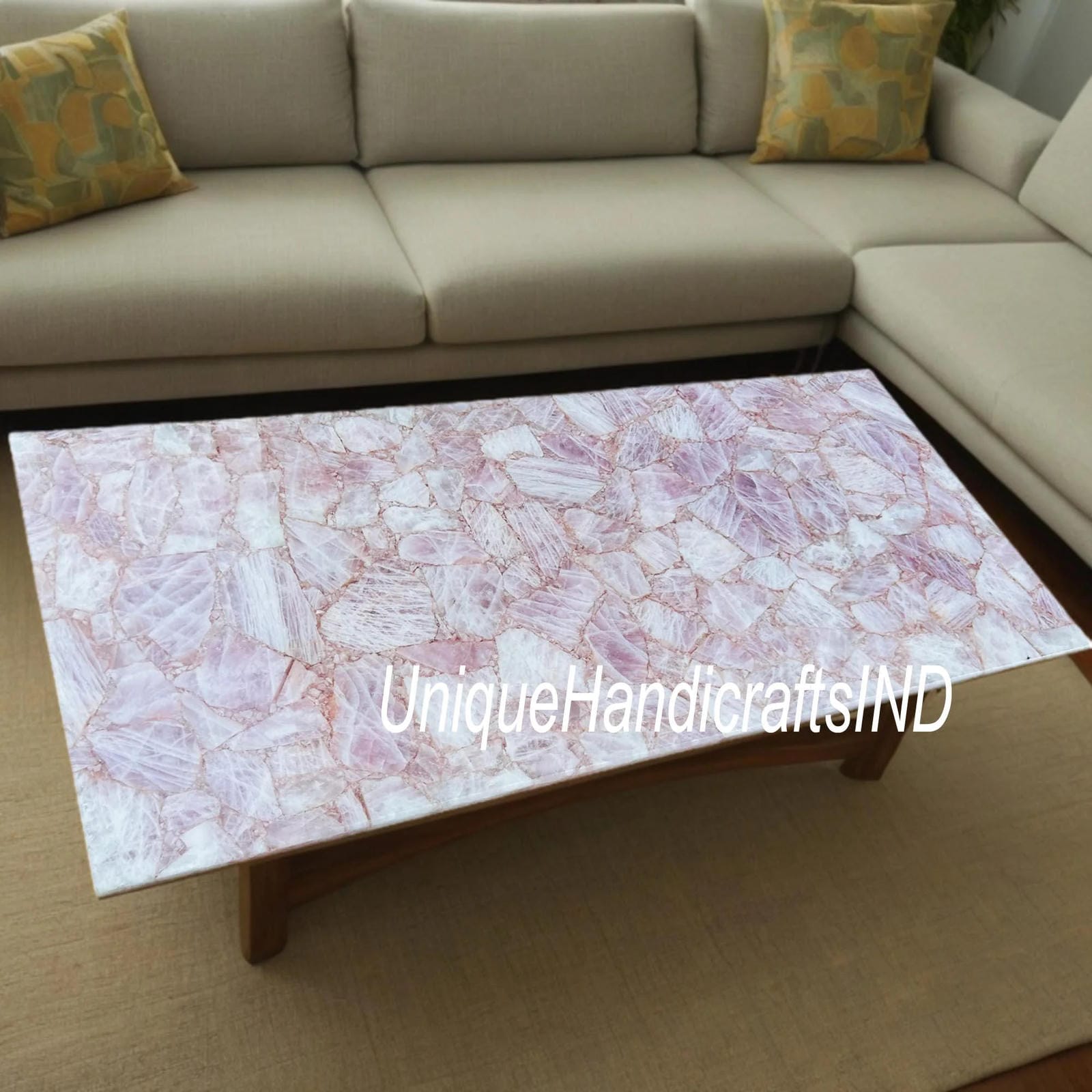 Rose Quartz Stone Coffee Table Top, Agate Center Dining Table, Stone Table Slab Décor For New Home Furniture Gift Her Unique Handicrafts IND