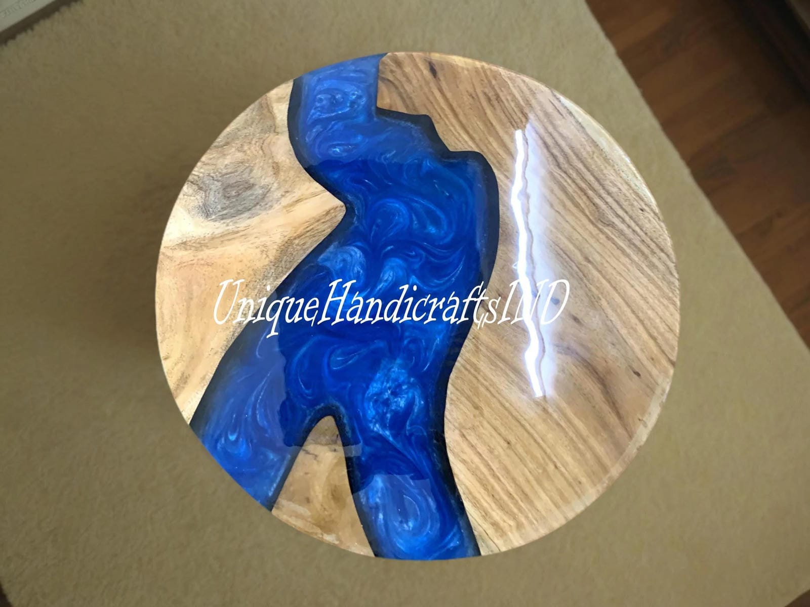 Round Epoxy Dining Table, Round Epoxy Table With Blue Resin River Arts Handmade Furniture For Gift Her Unique Handicrafts IND