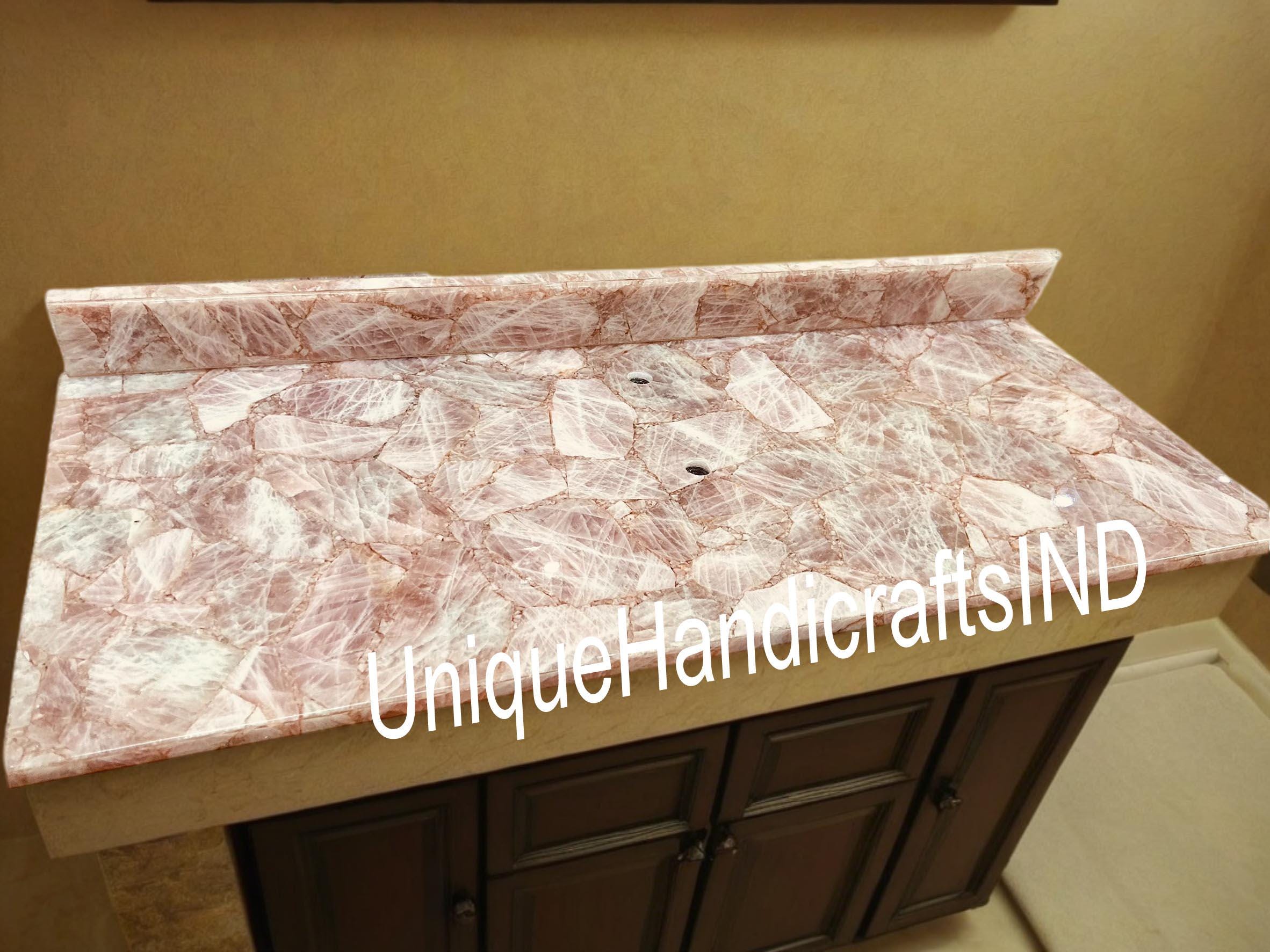 Pink Rose Quartz Kitchen & bar Countertop With Backsplash ,Pink Rose Quartz slab, Natural Quartz vanity Top, For Home Decor Custom made Slab Unique Handicrafts IND