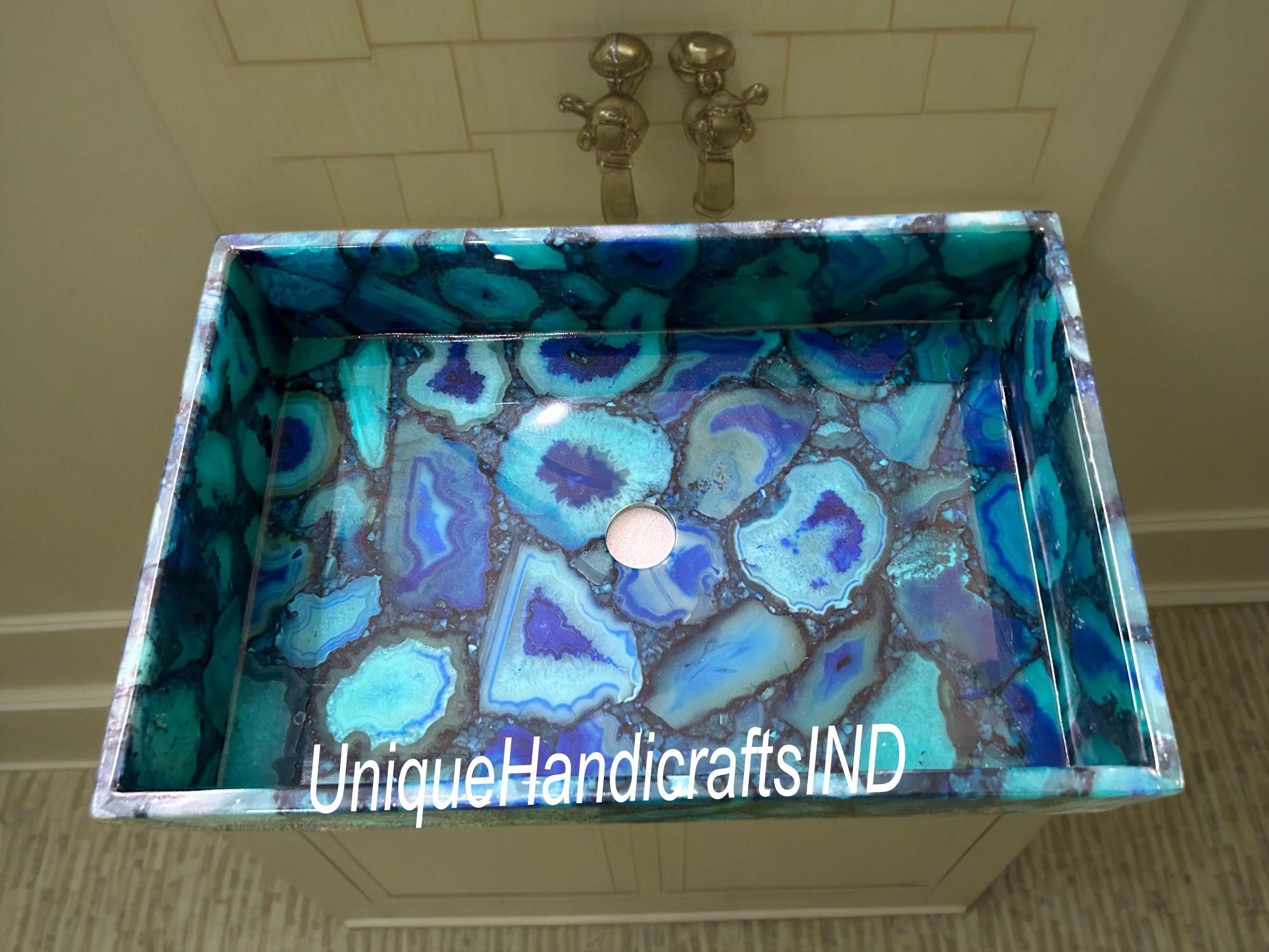 Blue Agate Wash Basin Sink, Handmade Agate Sink, Countertop Bathroom Sink, Natural Stone Vessel, Agate Vanity Basin for Home Decor Unique Handicrafts IND