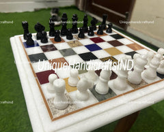 Christmas Gifts Buy Unique White Marble Chess Board Set 12"x12" with Marble Chess pieces Multi Stone Inlay Arts Unique Handicrafts IND